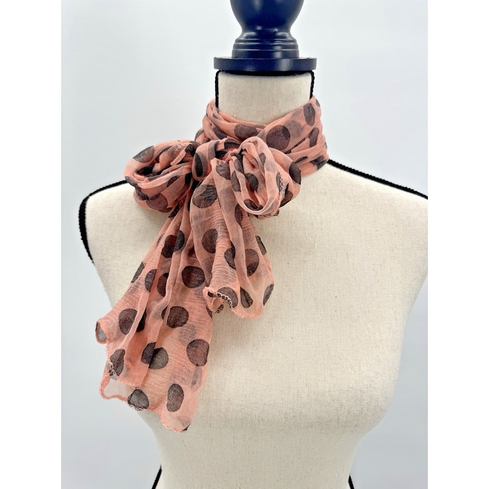Women Pink Polka Dot Scarf Shawl Head Wrap Sheer Retro Classic Rectangle 19.5x60